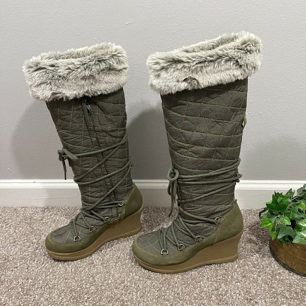 Report VTG Tall Penny Lane Wedge Platform Boots Faux Fur Trim Lace Up Size 6 Y2K